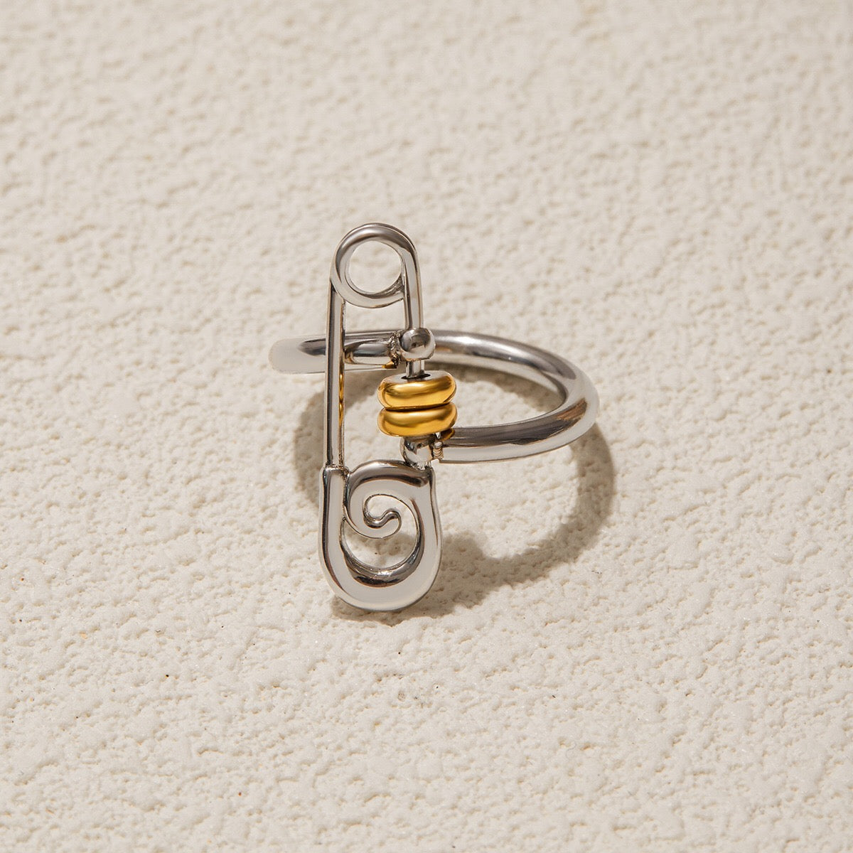 18K Gold and Silver Two Tone Safety Pin Statement Ring