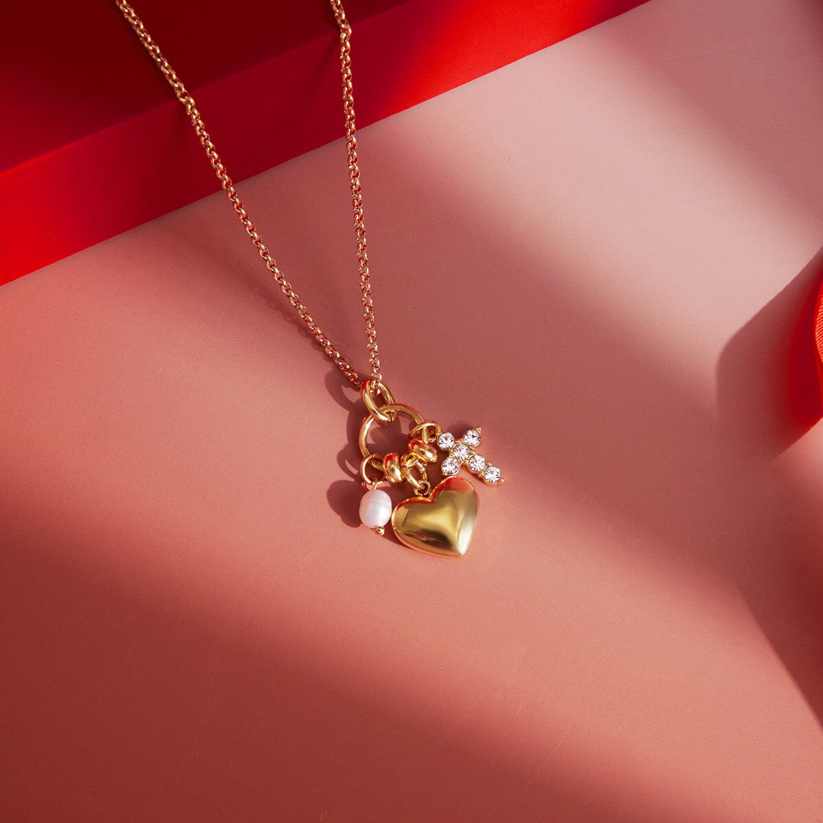 18K Gold Sinfully Yours Heart Cross Pearl Charm Necklace