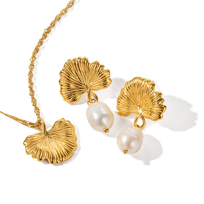 18K Gold Ginkgo Pearl Drop Dangle Stud Earrings