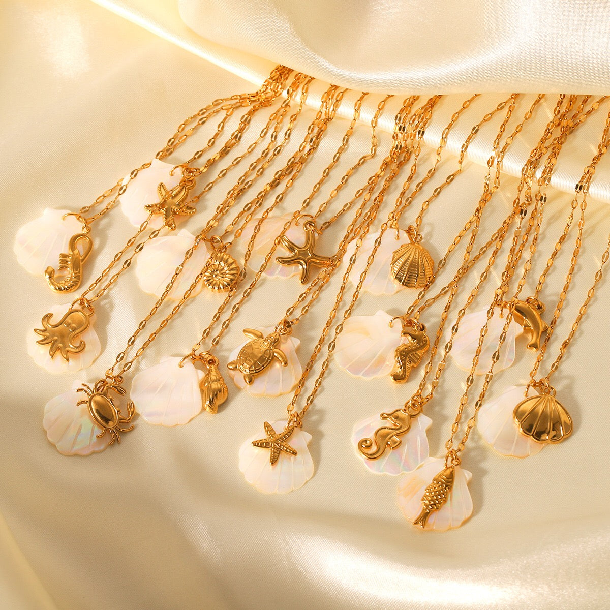 18K Gold Mother of Pearl Seashell Ocean Charm Pendant Necklace