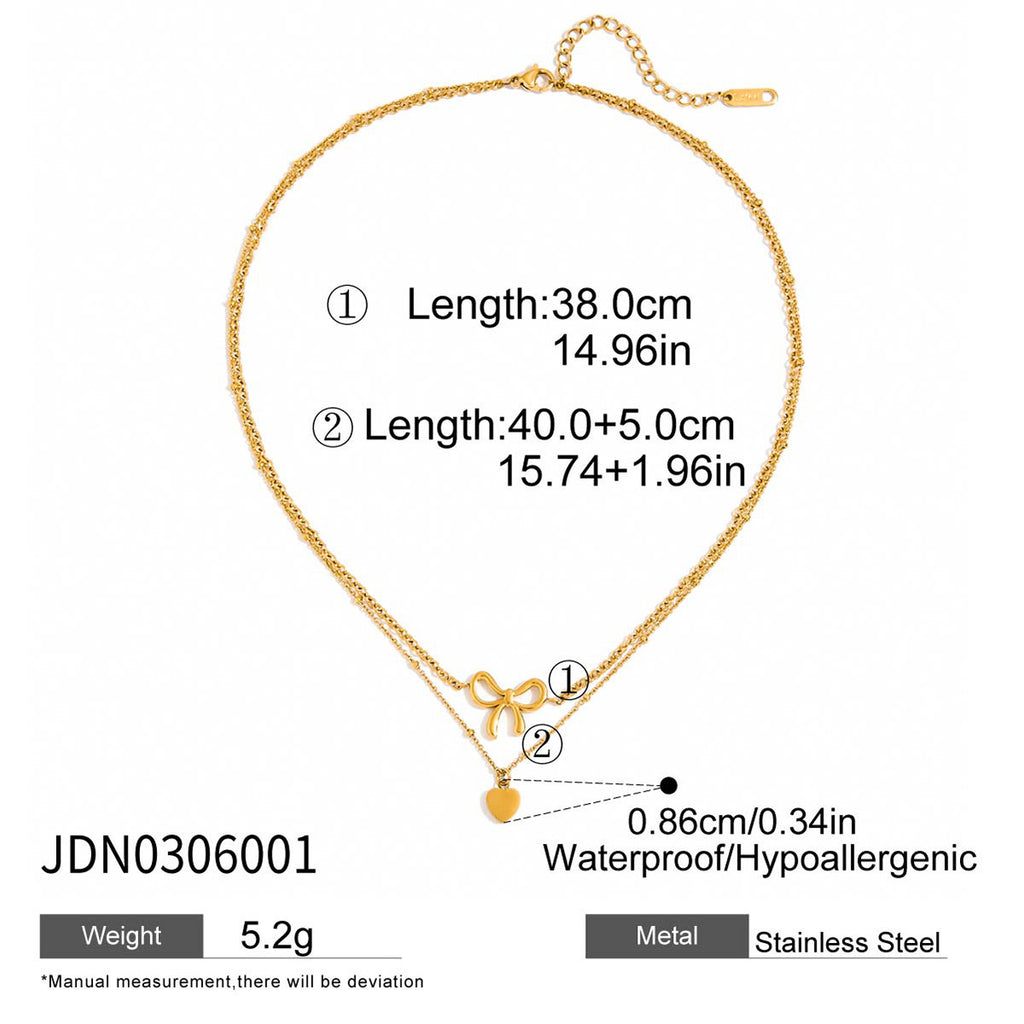 18K Gold Dainty Heart Bow Pendant Double Chain Layered Necklace Set