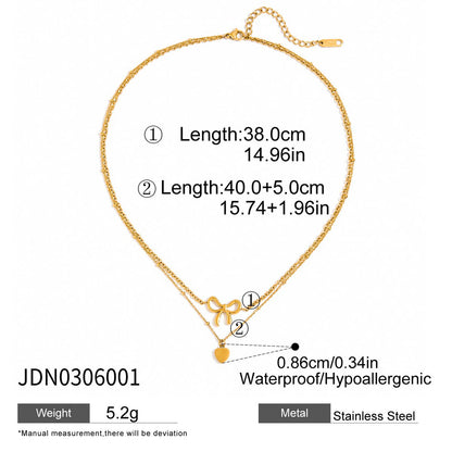 18K Gold Dainty Heart Bow Pendant Double Chain Layered Necklace Set