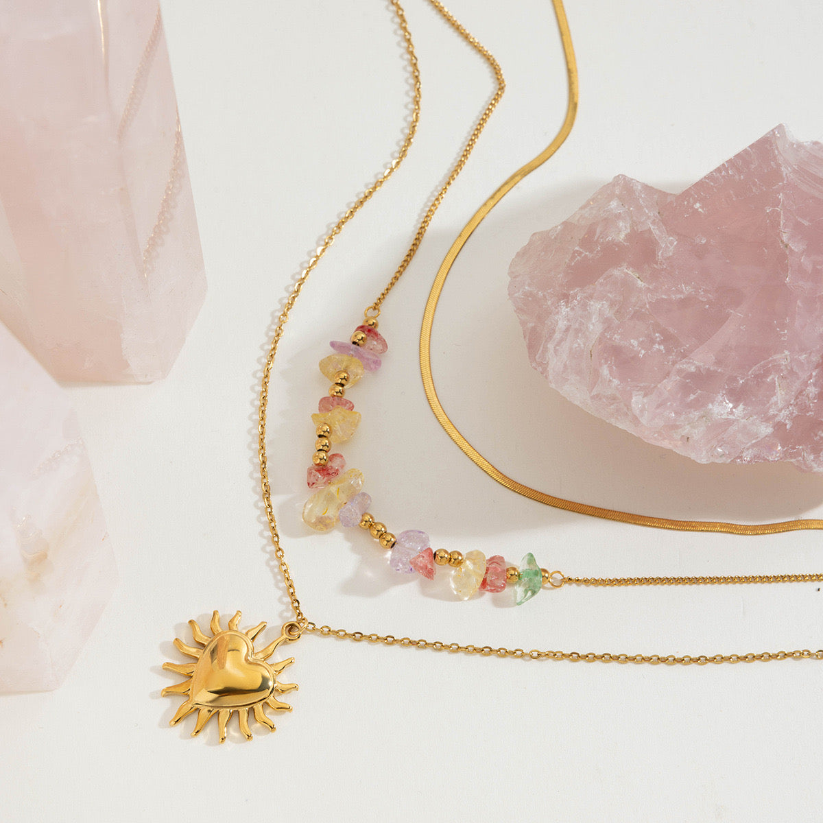 18K Gold Heart Pendant Gemstone Beaded Herringbone Snake Chain Layered Necklace Set