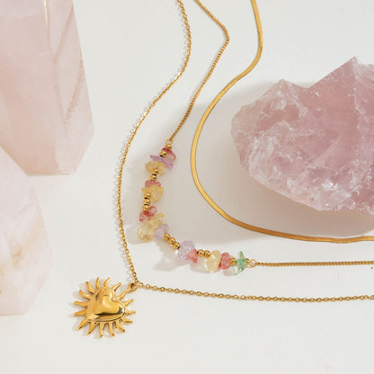 18K Gold Heart Pendant Gemstone Beaded Herringbone Snake Chain Layered Necklace Set