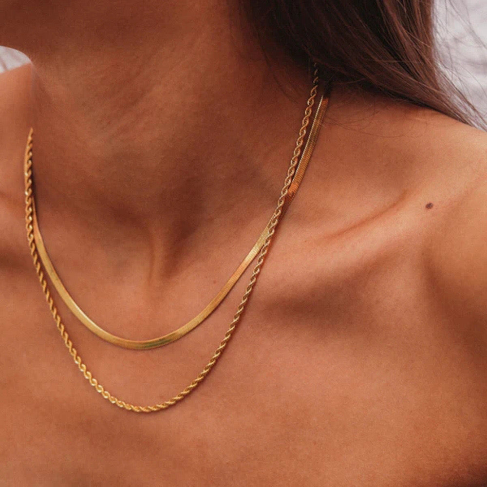 18K Gold Rope Chain Herringbone Layered Necklace