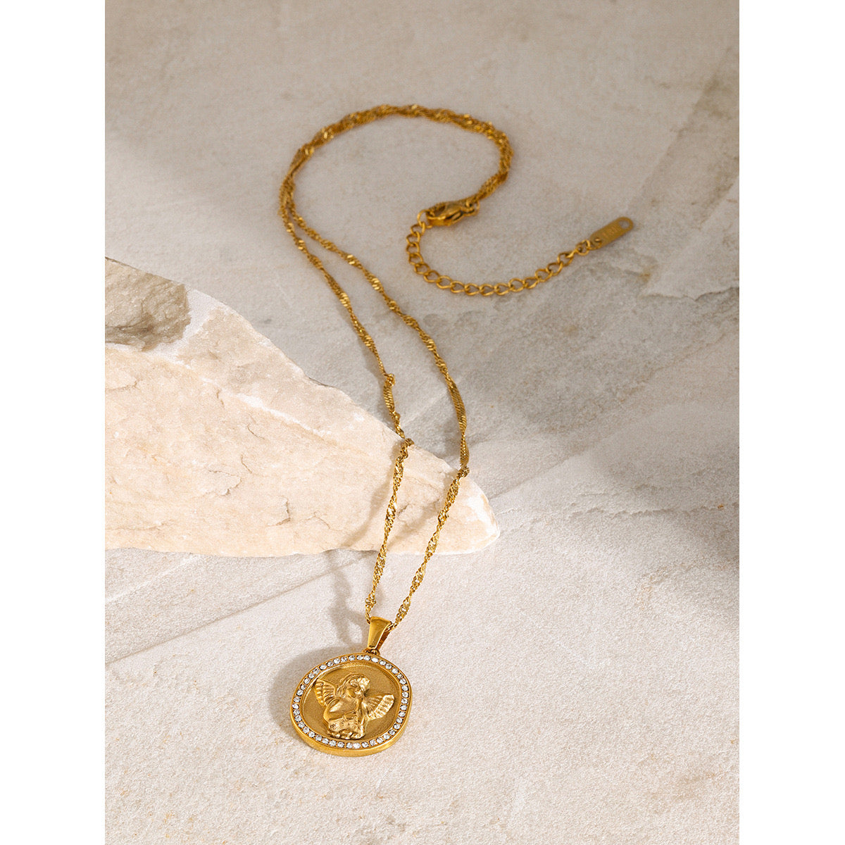 18K Gold Cupid Coin Pendant CZ Necklace