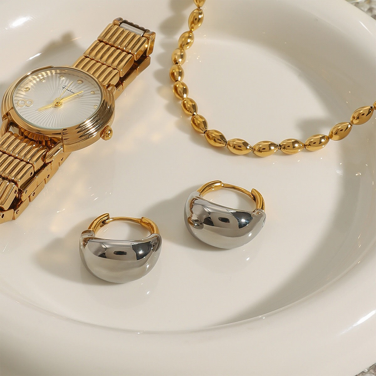 18K Gold and Silver Two Tone Dome Small Hoop Dangle Huggie Earrings