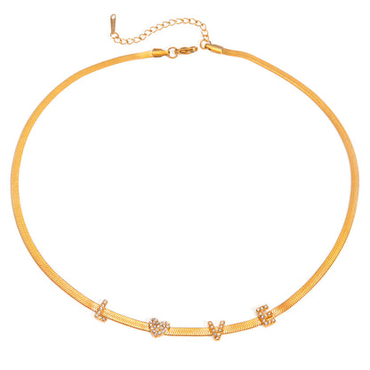 18K Gold LOVE Herringbone Snake Chain CZ Collar Necklace