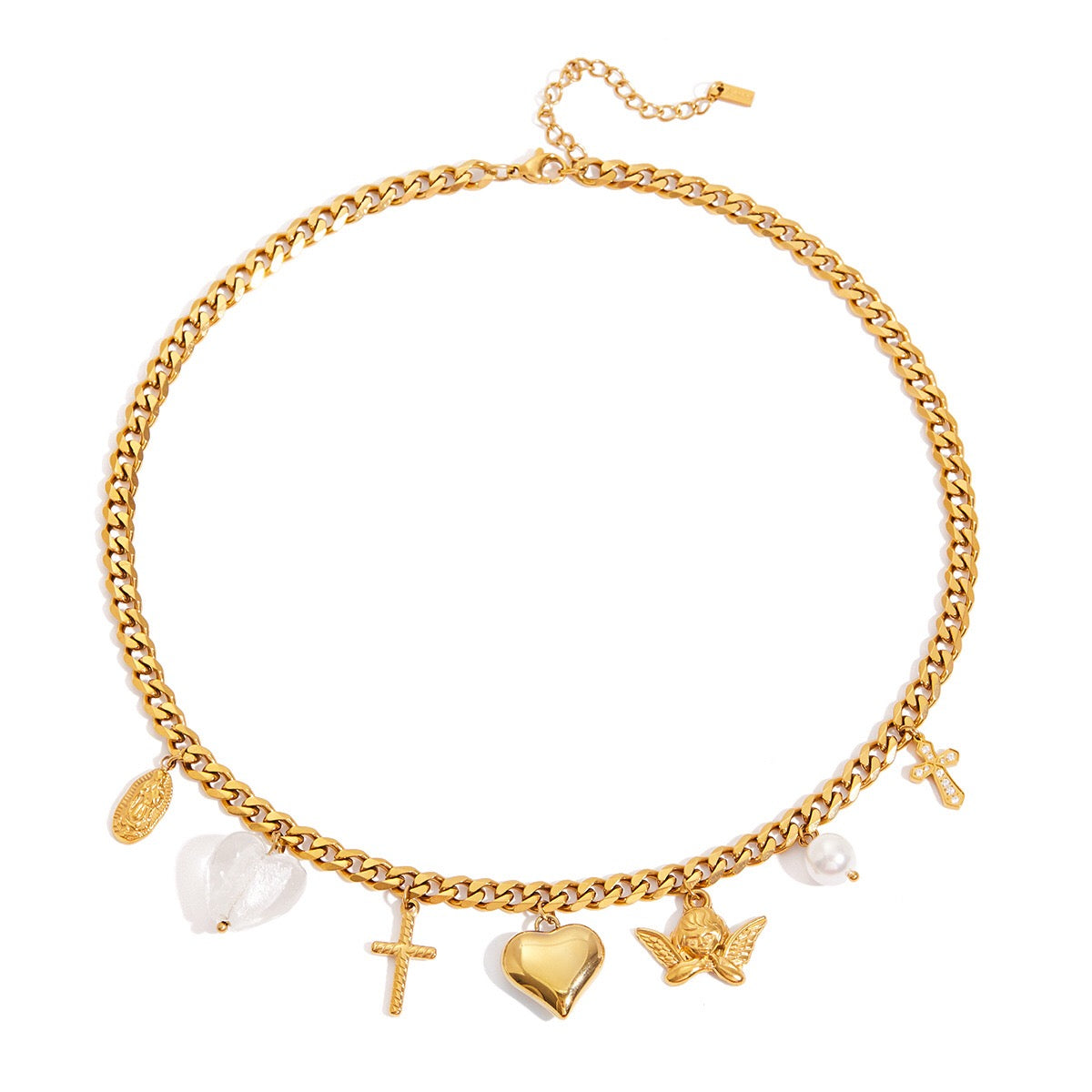 18K Gold Forbidden Cross Pearl Pendant Statement Layered Necklace Set