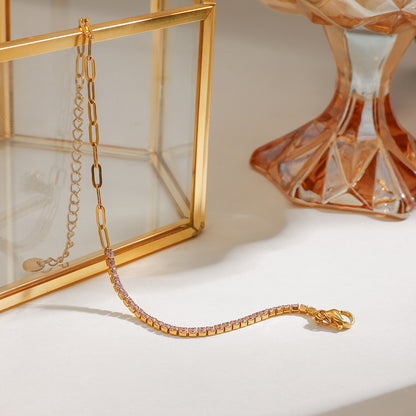 18K Gold Pink Jewel Paperclip Chain Dainty Tennis Bracelet