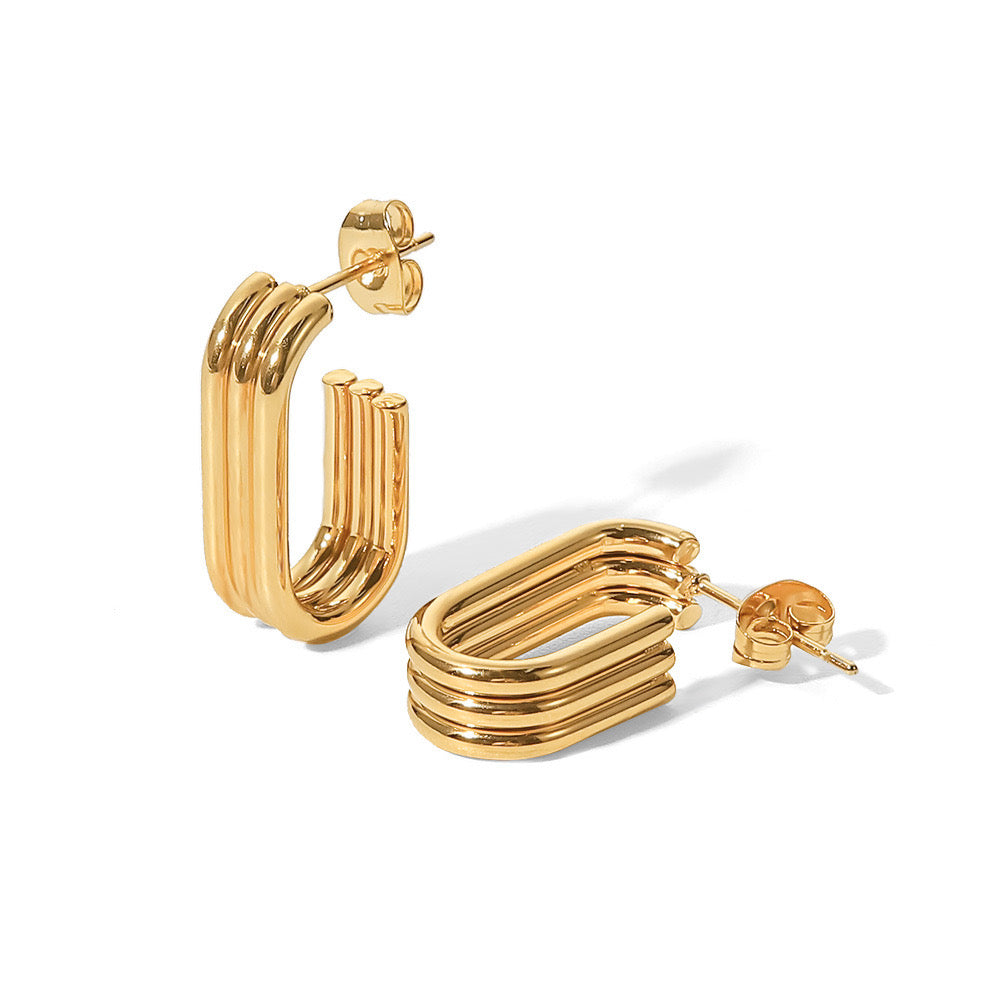 18K Gold Ribbed U Shape Hoop Huggie Earrings