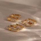 18K Gold Iced Frame Heart Small Rectangle Hoop Huggie Earrings