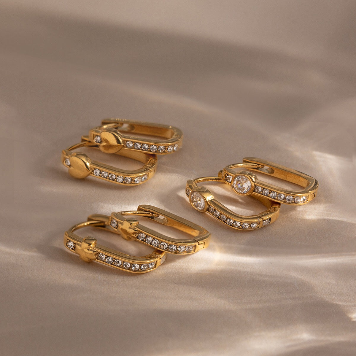 18K Gold Iced Frame Heart Small Rectangle Hoop Huggie Earrings