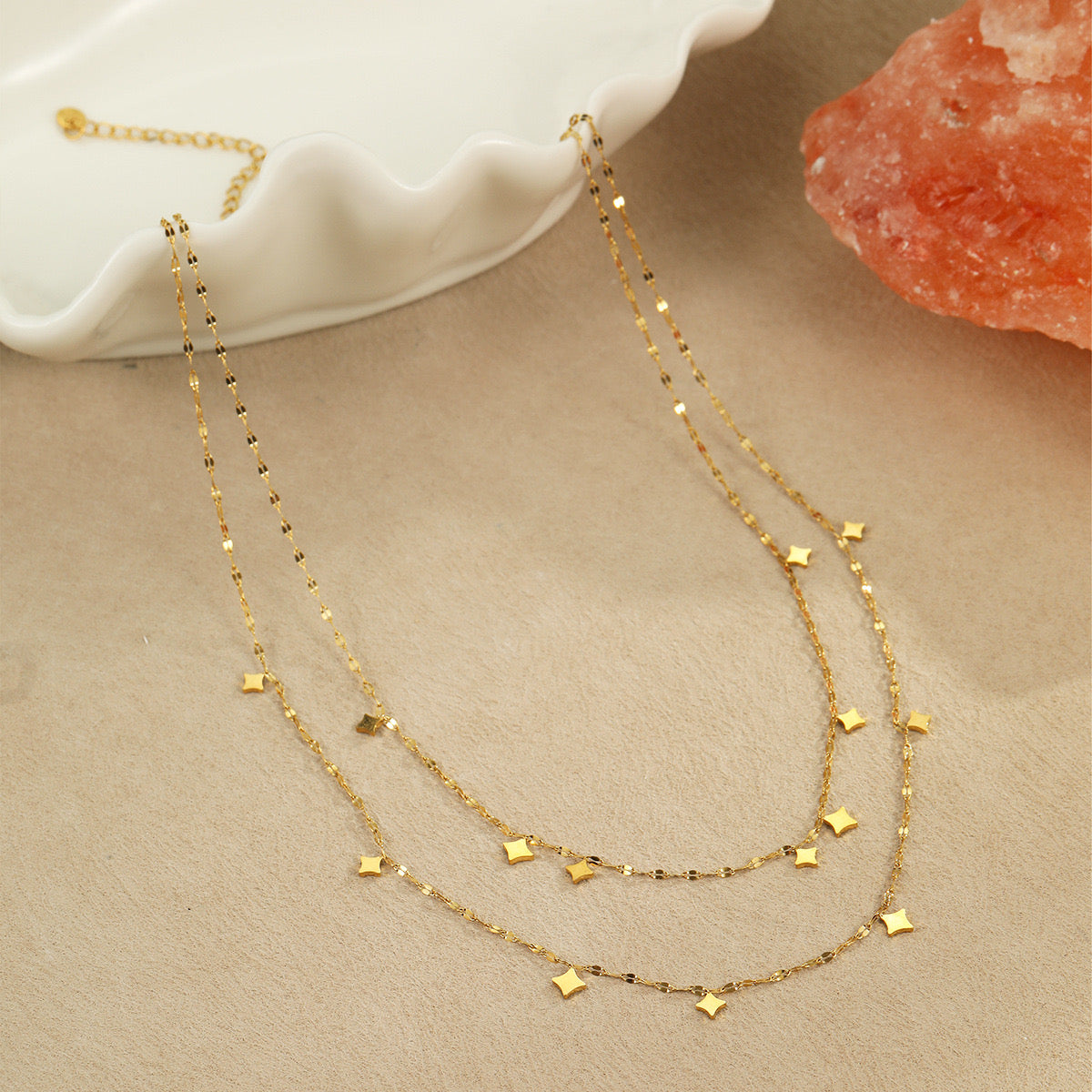 18K Gold Star Sprinkled Double Chain Dainty Layered Necklace Set