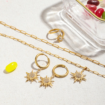 18K Gold Solar Pendant Paper Clip Double Chain Layered Necklace Set