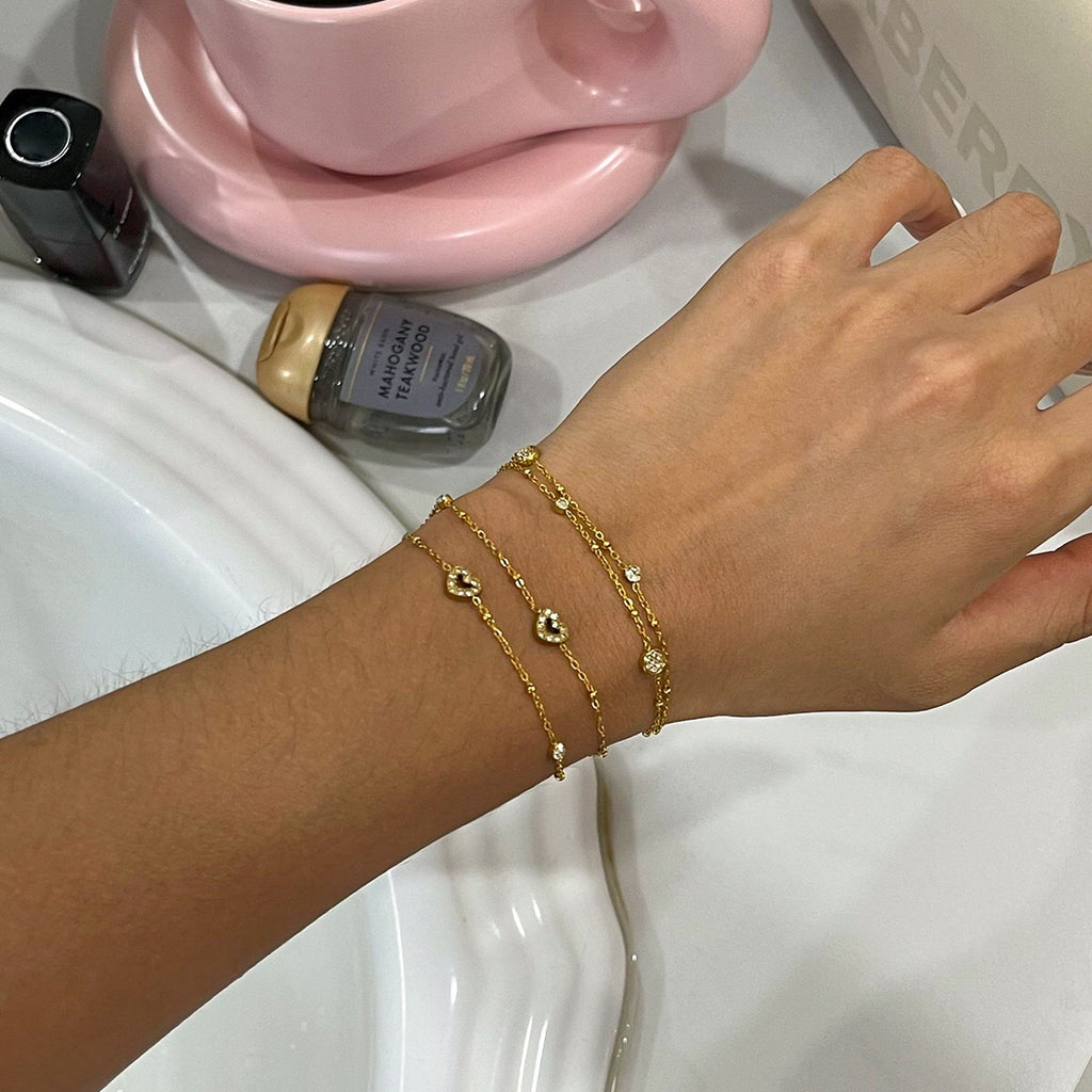 18K Gold Moonkiss Double Chain Heart Dainty Bracelet Stacks