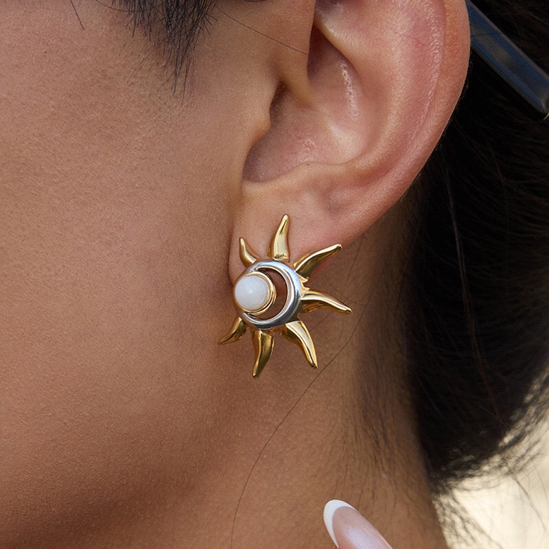 18K Gold and Silver Two Tone Eclipse Opal Sun and Moon Stud Earrings
