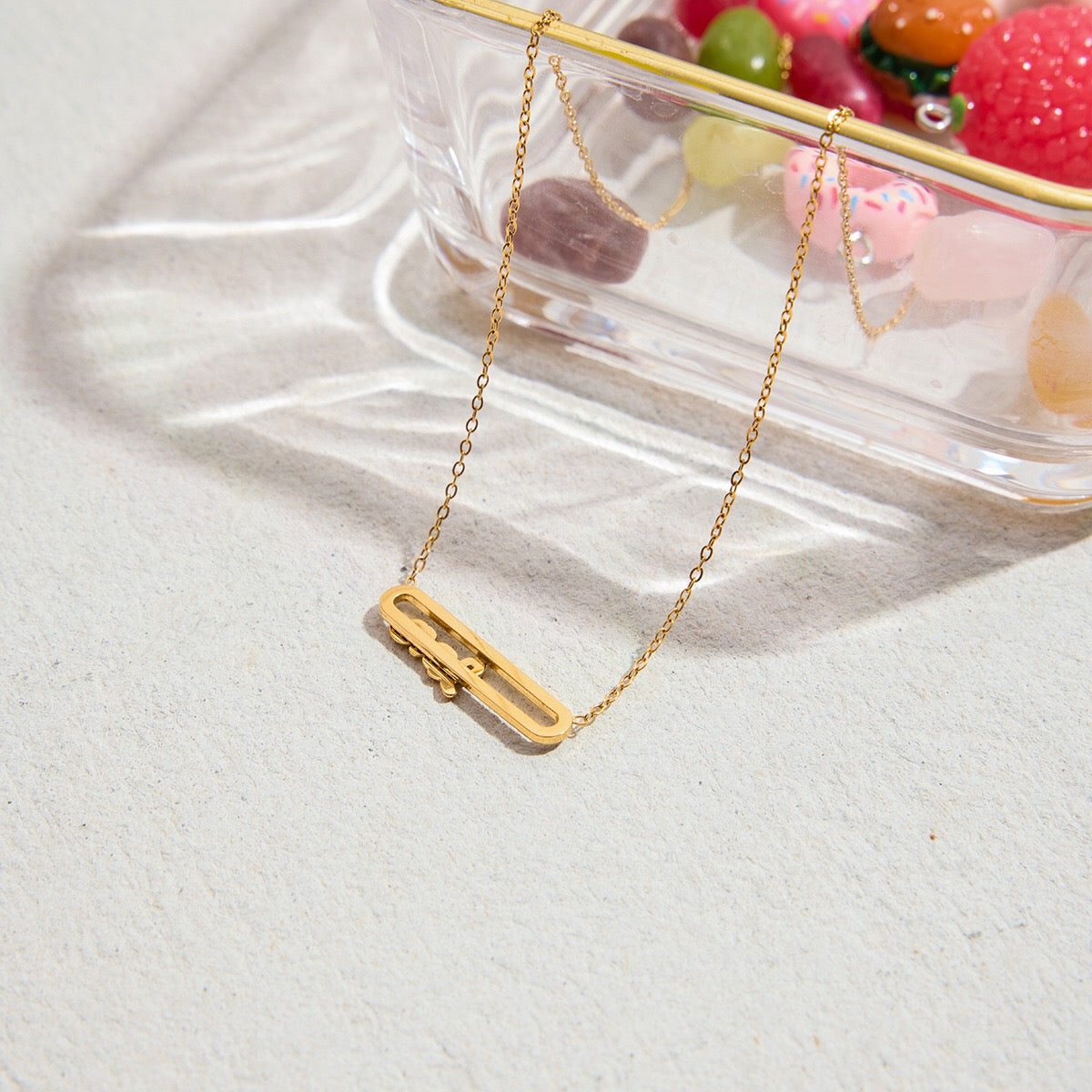 18K Gold Bling Love Letter Pink Jewel Paperclip Chain Layered Necklace Set