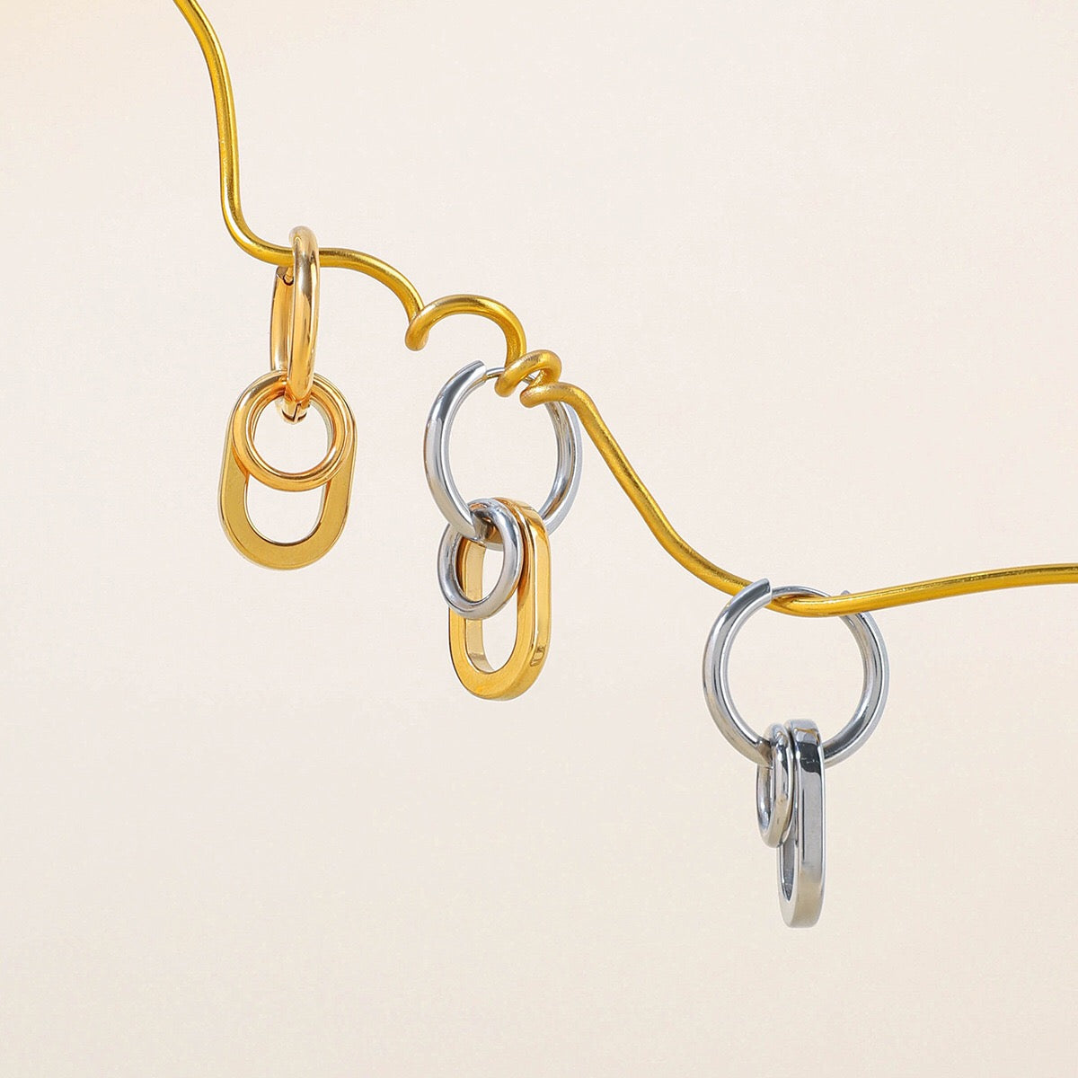 18K Gold and Silver Two Tone Trinity Small Hoop Dangle Huggie Earrings