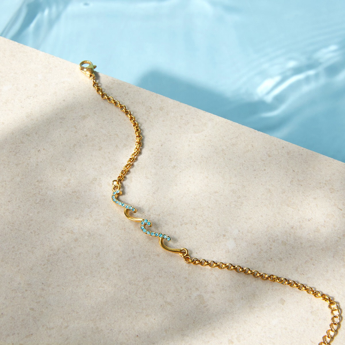 18K Gold Ocean Whisper Pave Blue Wave Dainty Chain Bracelet