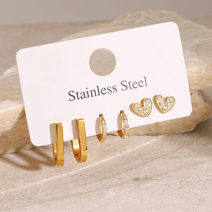 18K Gold Heart Studs Small Hoop Huggie Earrings Set