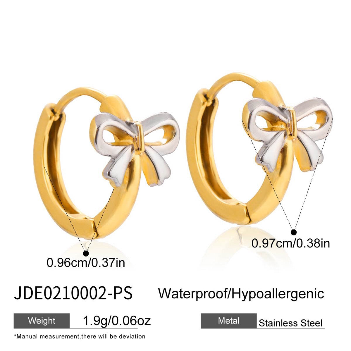 18K Gold and Silver Two Tone Bow Small Hoop Huggie Earrings