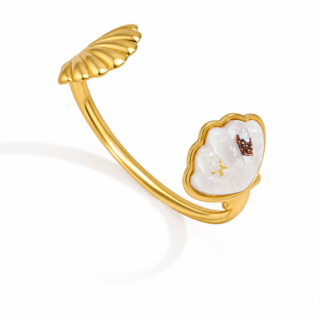 18K Gold Salt Air Seashell Pendant Necklace & Bangle Bracelet & Ring & Stud Earrings Set