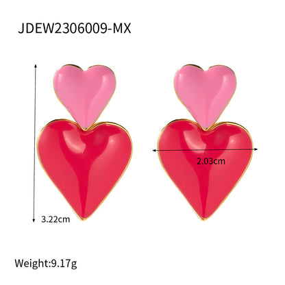 18K Gold Pink Heart Dangle Earrings