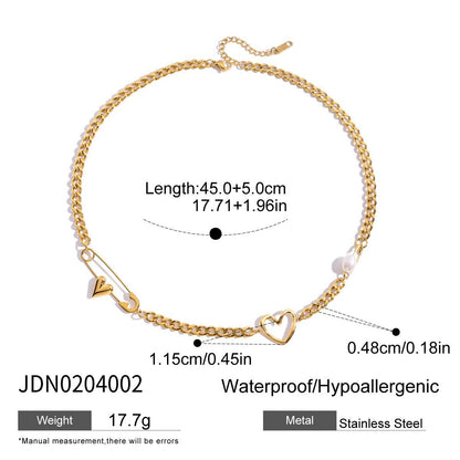 18K Gold Heart Safety Pin Pearl Cuban Curb Chain Necklace