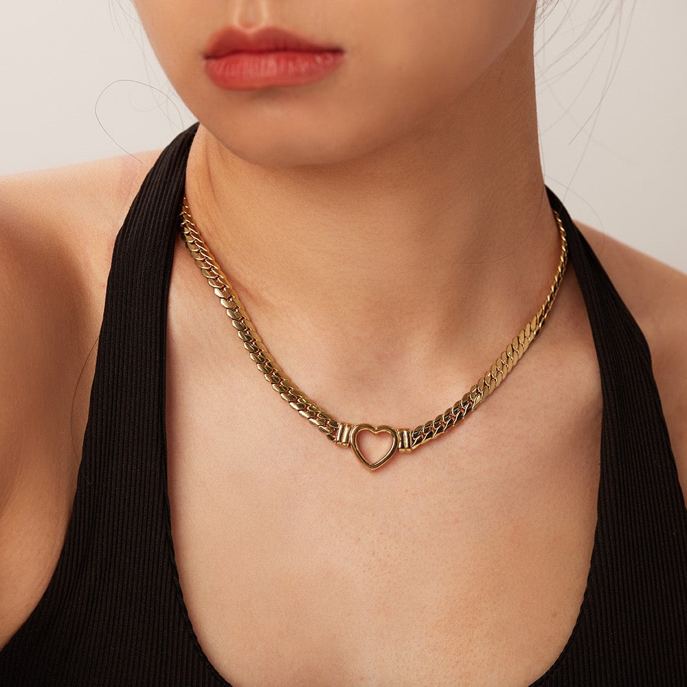 14K Gold Cuban Link Heart Necklace