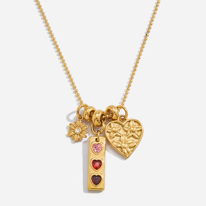 18K Gold Love in Bloom Pink Heart Flower Pendant Charm Necklace