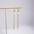 18K Gold Starstruck Tennis Chain Pearl Drop Dangle Huggie Earrings