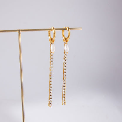 18K Gold Starstruck Tennis Chain Pearl Drop Dangle Huggie Earrings