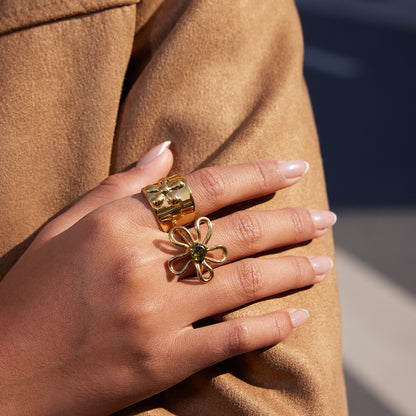 18K Gold Gentle Strength Flower Statement Band Ring