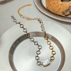 18K Gold Two Tone Chunky Beaded Pearl Paperclip Chain Layered Necklace Set