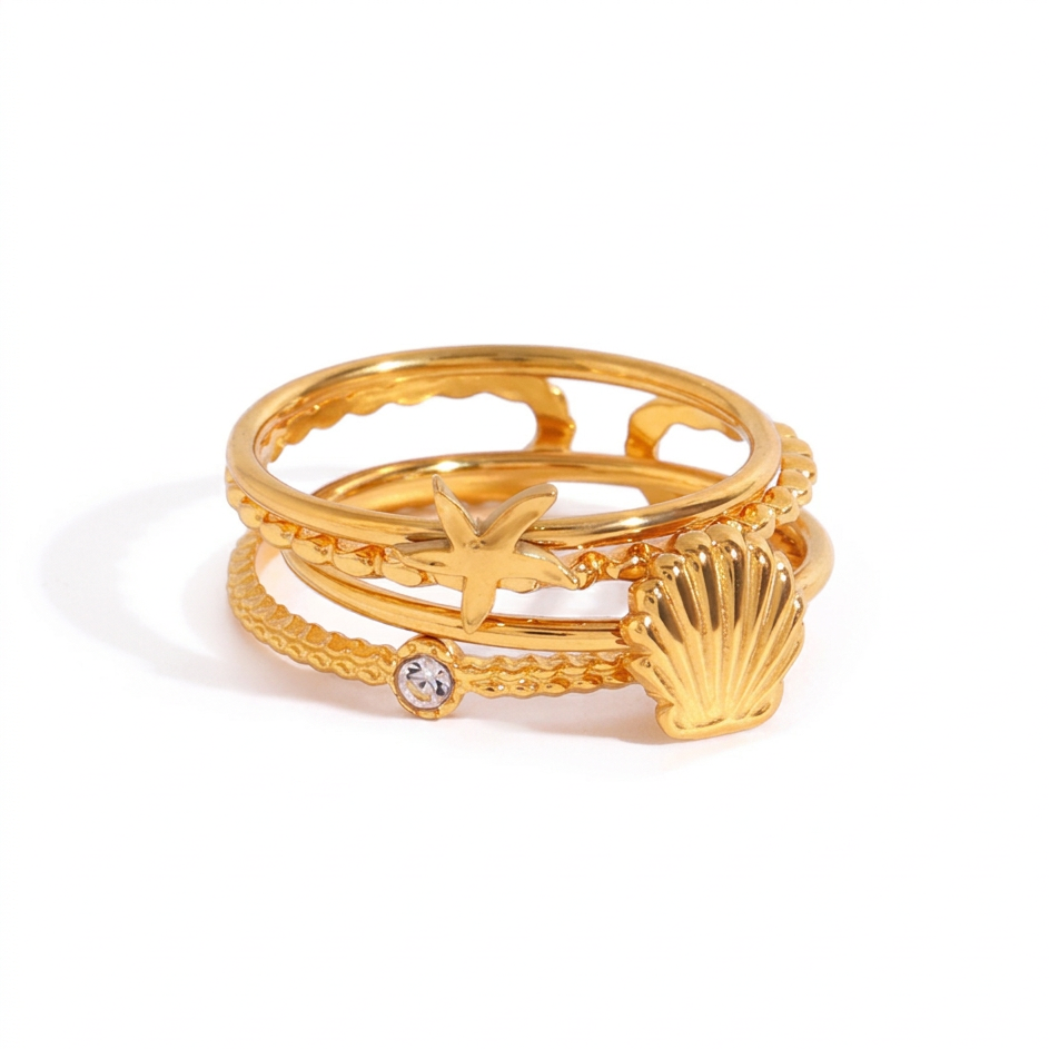 18K Gold Goddess Glow Four Leaf Clover Stacking Rings Set