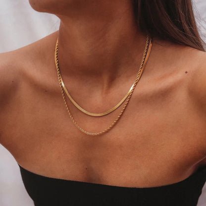 18K Gold Rope Chain Herringbone Layered Necklace