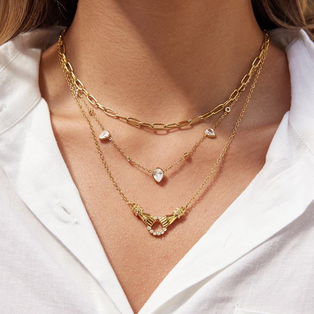 18K Gold Crystal Tear Teardrop Bezel Dainty CZ Necklace