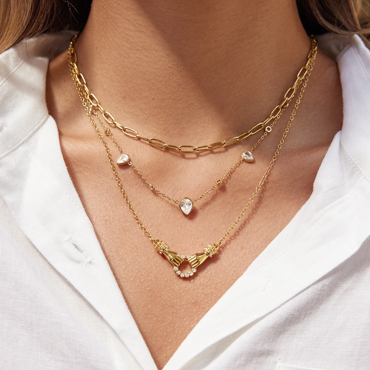 18K Gold Crystal Tear Teardrop Bezel Dainty CZ Necklace