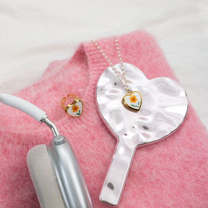 18K Gold Flower Heart Locket Pendant Pearl Chain Necklace
