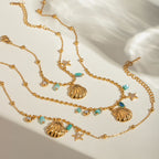18K Gold Blue Beads Ocean Shell Beach Trip Charm Bracelet