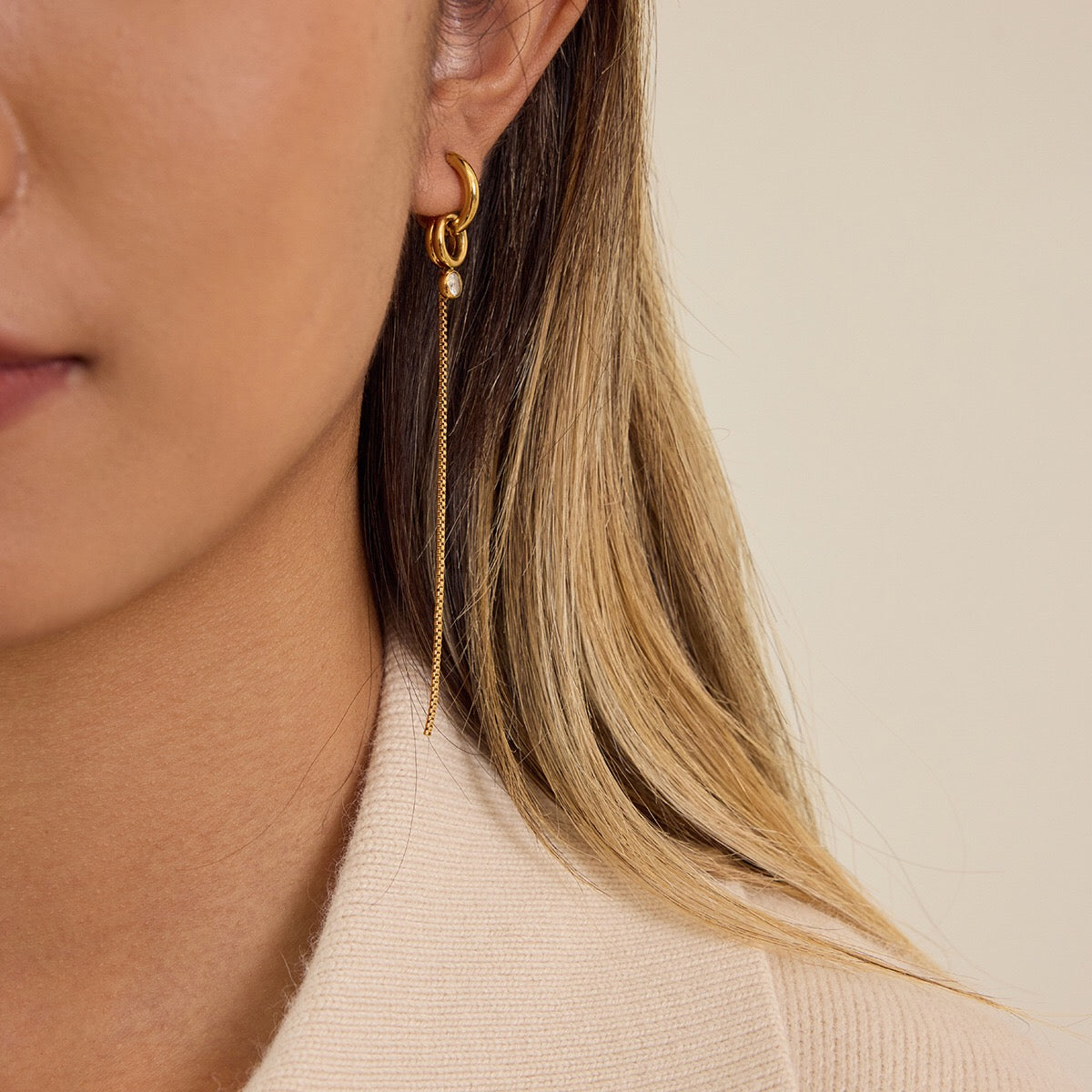 18K Gold Elite Long Drop Small Hoop Huggie Earrings