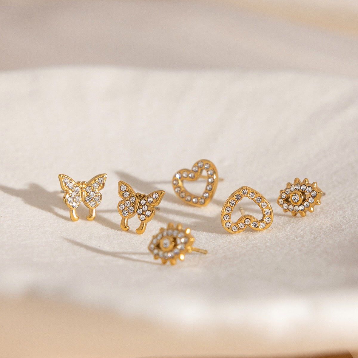 18K Gold Mini Icons Pave Heart Butterfly Cartilage Earrings Ear Studs