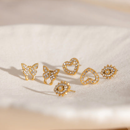 18K Gold Mini Icons Pave Heart Butterfly Cartilage Earrings Ear Studs