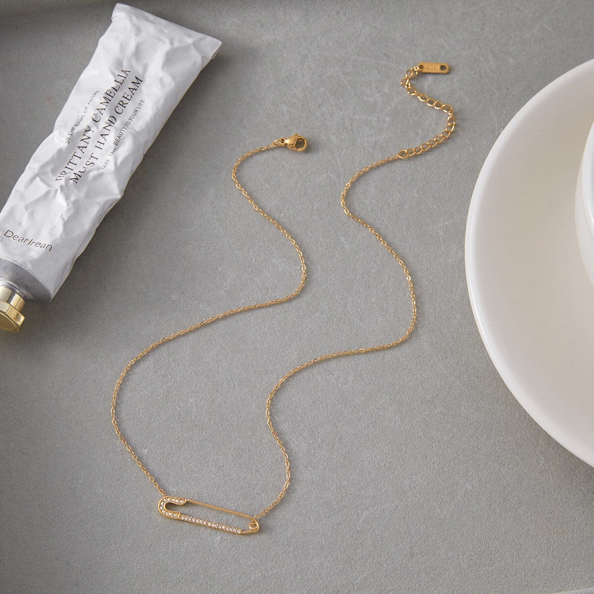 18K Gold Safety Pin Pendant Dainty Chain Layered Necklace Set