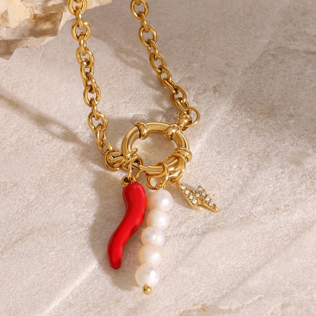 18K Gold Italian Horn Pearl Charm Bracelet