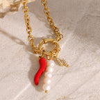 18K Gold Italian Horn Pearl Charm Bracelet