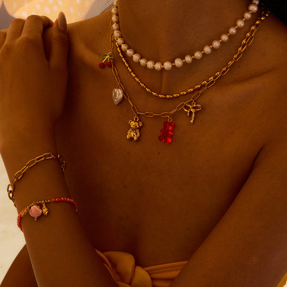 18K Gold Gummy Bear Cute Bow Cherry Paperclip Chain Charm Necklace