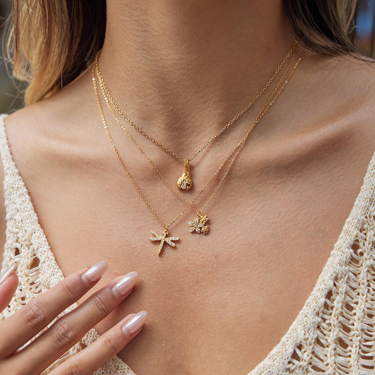 18K Gold Enchanted Garden Pave Dragonfly Ladybug Flower Dainty Pendant Necklace