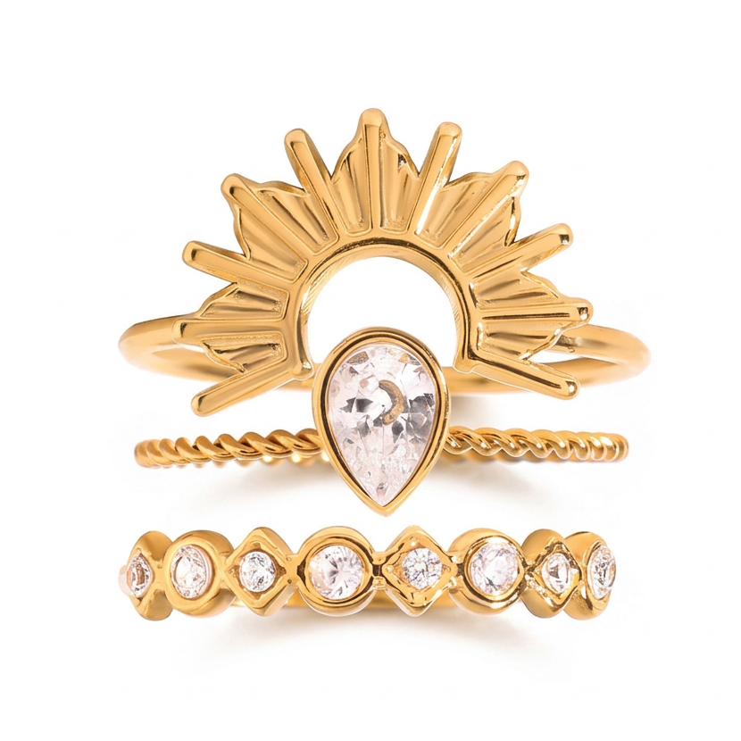 18K Gold Goddess Glow Four Leaf Clover Stacking Rings Set